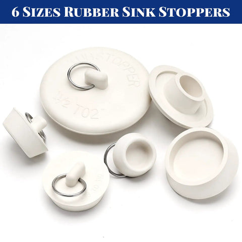 Heavy Duty Six Piece Rubber Drain Stopper Set For Bathroom Sink And Bathtub With Clearly Labeled Sizes And No Sweat Quick Swap White Zero Leak Bath Accessory. White rubber sink stoppers in six sizes for various drains.