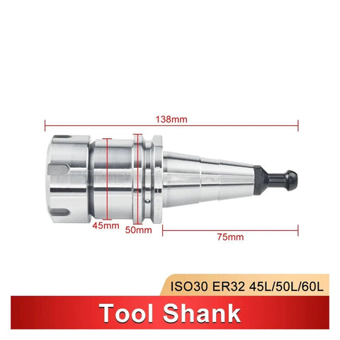 High Precision ISO30 Balanced Collet Chuck For CNC Lathe Milling Machines with dimensions 138mm, 45mm, 50mm, 75mm.