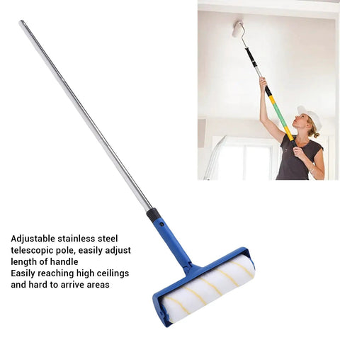 Pro Grade 10 Inch Paint Roller Kit With Telescopic Pole For Ceilings And Walls Adjustable Extension Handle in use for high ceilings.