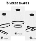 Two Ring Dimmable Black LED Chandelier With Remote Control, Large Circular Pendant Light, diverse adjustable shapes shown.