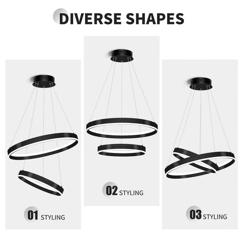 Two Ring Dimmable Black LED Chandelier With Remote Control, Large Circular Pendant Light, diverse adjustable shapes shown.