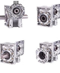 Built Tough Heavy Duty Worm Gear Reducer With A Solid Aluminum Housing For Smooth Speed Control and Rock Solid Motor Drive Adapter Performance In Any Industrial Setup, shown from four angles.