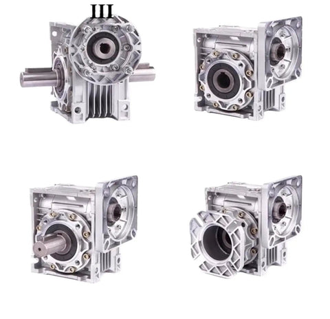 Built Tough Heavy Duty Worm Gear Reducer With A Solid Aluminum Housing For Smooth Speed Control and Rock Solid Motor Drive Adapter Performance In Any Industrial Setup, shown from four angles.