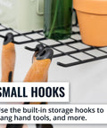 Garden Tools Organizer Wall Mount Shelf with tools hanging from small hooks, sturdy steel wire suitable for sheds and garages