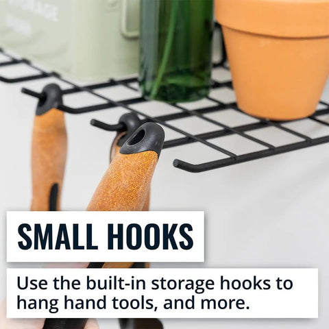 Garden Tools Organizer Wall Mount Shelf with tools hanging from small hooks, sturdy steel wire suitable for sheds and garages