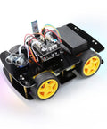 Four Wheel Drive Robot Car Kit Compatible With Arduino IDE Featuring Line Tracking And Obstacle Avoidance Wireless Control App Ultrasonic Sensor And Servo Motor DIY Ready Battery Not Included, shown assembled on white background.