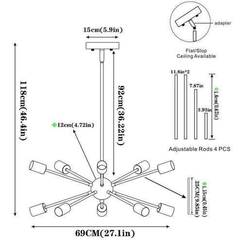 Diagram of Sputnik Chandelier Light Fixture Chrome Finish With Eight To Twelve Lights Modern Industrial Ceiling Pendant