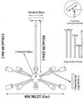 Diagram of Twelve Light Sputnik Chandelier Modern Semi Recessed Ceiling Fixture Gold with adjustable poles and measurements