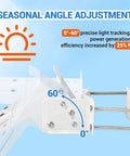 Seasonal angle adjustment of pole mount for solar panels with adjustable angle and size fits 5W to 50W panels, featuring 0-60° adjustment.