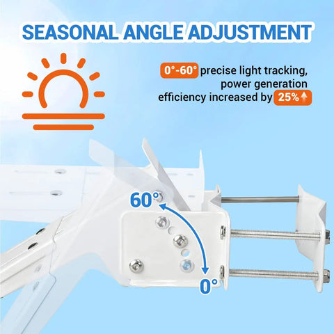 Seasonal angle adjustment of pole mount for solar panels with adjustable angle and size fits 5W to 50W panels, featuring 0-60° adjustment.