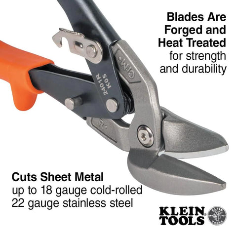 Close-up of Klein Tools 2401R right-cutting offset tin snips with orange handle and forged blade for sheet metal