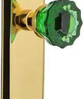 New York Plate Passage Crystal Emerald Glass Door Knob Set In Unlaquered Brass, Two And Three Quarters Inch Backset, Solid Forged Brass Plates