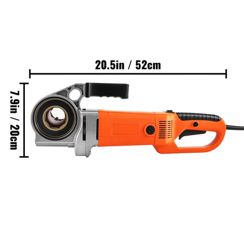Handheld Electric Pipe Threader 2300W 110V Copper Motor Built To Rock With Carbon Steel Die Heads Half To One Inch, side view with dimensions.
