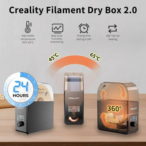 Filament Dryer Box 2.0 With Fans for 3D Printing, featuring real-time humidity monitoring, 360° airflow with adjustable heating to 65°C