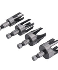 No Sweat Wood Dowel Drill Set With Tapered Plug Cutter Bits showcasing four steel tapered cutter bits in 1/4, 3/8, 1/2, and 5/8 inch sizes.