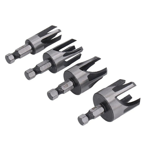 No Sweat Wood Dowel Drill Set With Tapered Plug Cutter Bits showcasing four steel tapered cutter bits in 1/4, 3/8, 1/2, and 5/8 inch sizes.