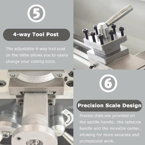 Precision Benchtop Metal And Wood Lathe Machine With 1100 Watt Brushless Motor features adjustable 4-way tool post for easy tool changes.