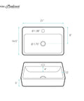 Technical drawing of 20 Inch Rectangle Vessel Sink In Glossy White Above Counter Installation Durable Ceramic With Scratch Resistant Non Porous Finish Modern Bathroom Vanity Basin For Easy Cleaning And Long Lasting Use showing dimensions and drilling specifications