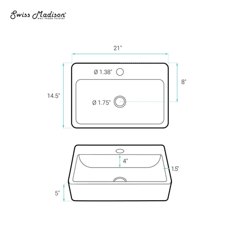Technical drawing of 20 Inch Rectangle Vessel Sink In Glossy White Above Counter Installation Durable Ceramic With Scratch Resistant Non Porous Finish Modern Bathroom Vanity Basin For Easy Cleaning And Long Lasting Use showing dimensions and drilling specifications
