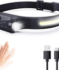 Rechargeable Headlamp For Adults, Hard Hat Light And Headband Flashlight With COB Strip LEDs, USB cable; hand gesture.