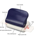 6 Hole Punch For Loose Leaf Paper A4 A5 B5 Size Handheld Metal Circle Puncher with labeled parts including cover handle and set ruler.