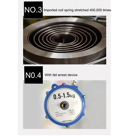 Retractable Spring Balancer Tool Holder With 1.3m Reach, Hook, And Air Tube Adjustable Suspension For Assembly Lines Blue, coil spring and 0.5-1.5kg body