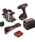 20V Brushless Power Tool Combo Kit With Drill Driver Reciprocating Saw Oscillating Multi Tool Bluetooth Speaker Sander Spotlight And Fast Charger displayed with drill, saw, multi-tool, speaker, and charger.