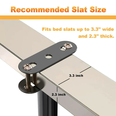 Top Shelf Four Pack Adjustable Bed Support Legs With Hefty Carbon Steel Replacement Frame Feet Featuring Silent Rubber Pads For Knockout Floor Guard And Straight Up Quick Height Tweaks On Any Bed Frame showing recommended slat size of 3.3 inches wide and 2.3 inches thick.