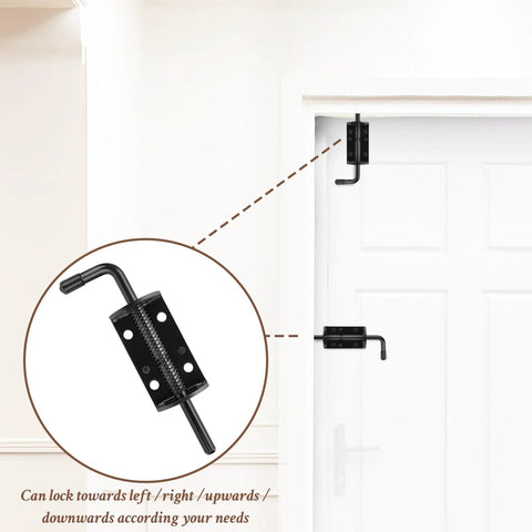Quality Life 6in spring-loaded gate latch barrel bolt, solid steel, black, 2-pack mounted on white door