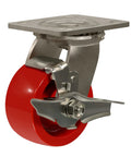 Stainless steel 4-inch heavy-duty caster with brake and red solid polyurethane wheel