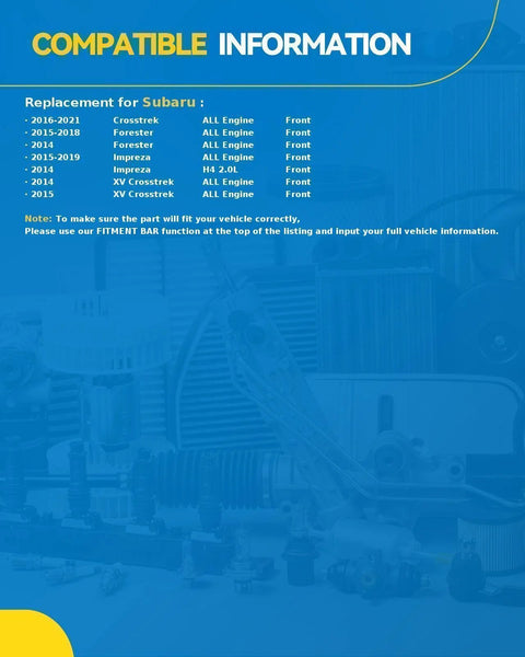 Compatibility chart for Two Pack Front Wheel Hub Assembly For Subaru Forester 2014 2018 Crosstrek 2016 2021 Impreza 2014 2019
