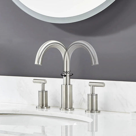 Three Hole Widespread Brushed Nickel Bathroom Faucet With Two Handles For 8 Inch Sink Vanity