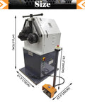 Heavy Duty Workhorse Electric Roll Bender For Steel And T Bars Industrial three roller metal round bender with dimensions shown.