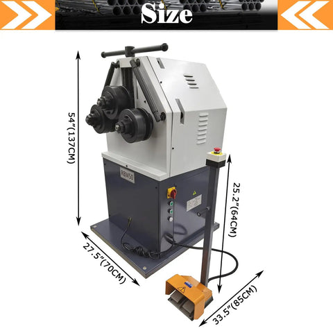 Heavy Duty Workhorse Electric Roll Bender For Steel And T Bars Industrial three roller metal round bender with dimensions shown.