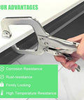 Beefy Heavy Duty 4 Piece Locking C Clamp Set with Swivel and Fixed Pads shown in use on a work surface