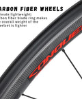 Close-up of Ultra Light 700c Carbon Road Bike Wheels 38mm Clincher Set, Toray T700 Construction showing carbon fiber detailing.