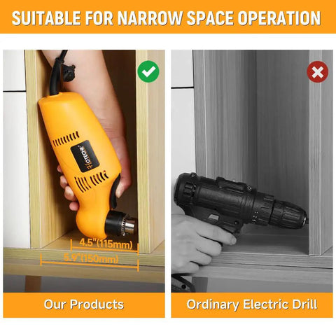 Comparison of Three Eighths Inch Right Angle Drill 3.8 Amp Corded Power Drill and standard drill in tight space application