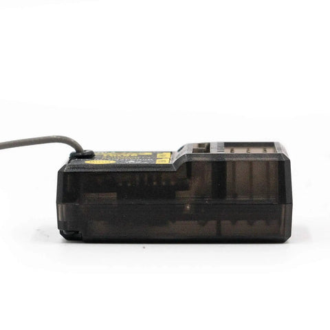 Side view of 8 Channel 2.4GHz RC Receiver with PWM PPM IBus output, compact design for cars and boats, AFHDS 3 compatible, PL18 NB4 compatible.