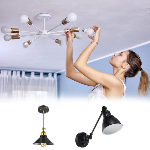 Person installing bulbs in a chandelier, showcasing Heavy Duty Straight Pipe Lamp Stem Rod Kit Built Tough For Everyday Hustle Four Pack M10 Double End Thread.