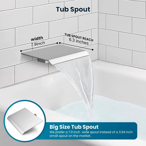 Wall-mounted 7.9-inch wide tub spout with 6.3-inch reach in polished chrome, from 10 Inch Rain Shower System With Rainfall Head Handheld Sprayer Waterfall Tub Spout Wall Mounted Mixer Rough In Valve And Trim Included 7.9 Inch Wide Spout Polished Chrome Finish High Flow 1.41 GPM Durable Brass Valve Easy Install