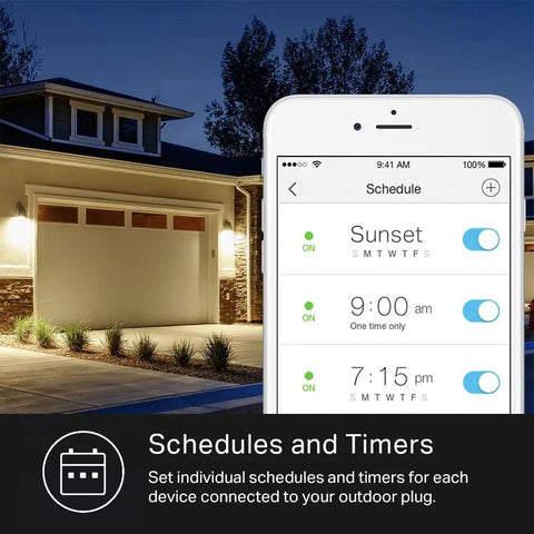Smartphone display with schedule settings for Outdoor Smart Plug With Two Sockets, Weatherproof IP64, controlling outdoor lights.