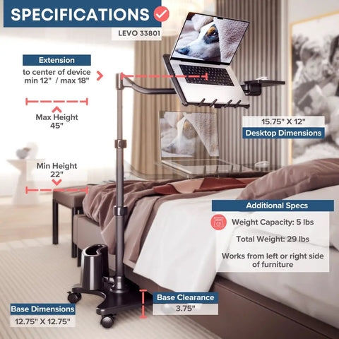 G2 Deluxe Adjustable Laptop Stand With Rolling Computer Desk For Bed Or Sofa Or Office, shown beside bed with spec highlights.