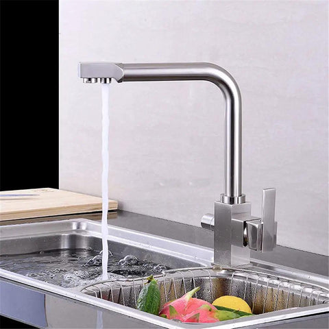Brushed el Kitchen Faucet with 360° SwivelDual Handle Drinking Water Filter TapDeck Mounted Sink Mixer3-Way Design for Home & Kitchen Use - Ausious Clouds LWX in a stainless steel kitchen setting.