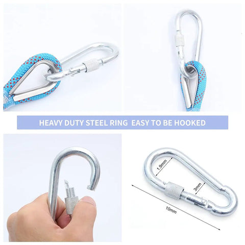 Beefy 12mm Static Climbing Rope With 10m and 20m Lengths, Rugged Polyester Build, CE EN 892 Certified, showing steel hooks and carabiners.