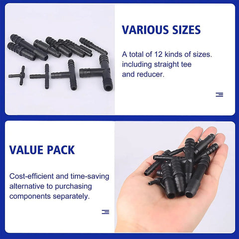 BELOMI vacuum connector assortment kit; nylon barbed hose fittings in 12 sizes, 113 pcs (front view).