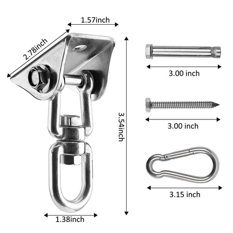 Heavy Duty Hammock Hanging Kit With 360 Degree Rotate Hooks, 1000 Lb Capacity, bolts, screws, and snap hooks displayed