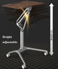 Height adjustable mobile standing laptop desk with pneumatic lift, 75-105 cm, featuring smooth casters for mobility.