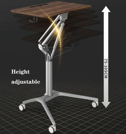Height adjustable mobile standing laptop desk with pneumatic lift, 75-105 cm, featuring smooth casters for mobility.