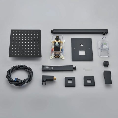 Top Tier Matte Black Rain Shower System With An Eight Inch Square Showerhead And Heavy Duty Brass Handheld Sprayer With Precision Pressure Valve To Stop Scald Risks For Chill Daily Showers