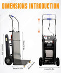 Heavy Duty Electric Stair Climbing Dolly Cart With 1200W Motor And Ergonomic Grip dimensions with measurements and features shown.